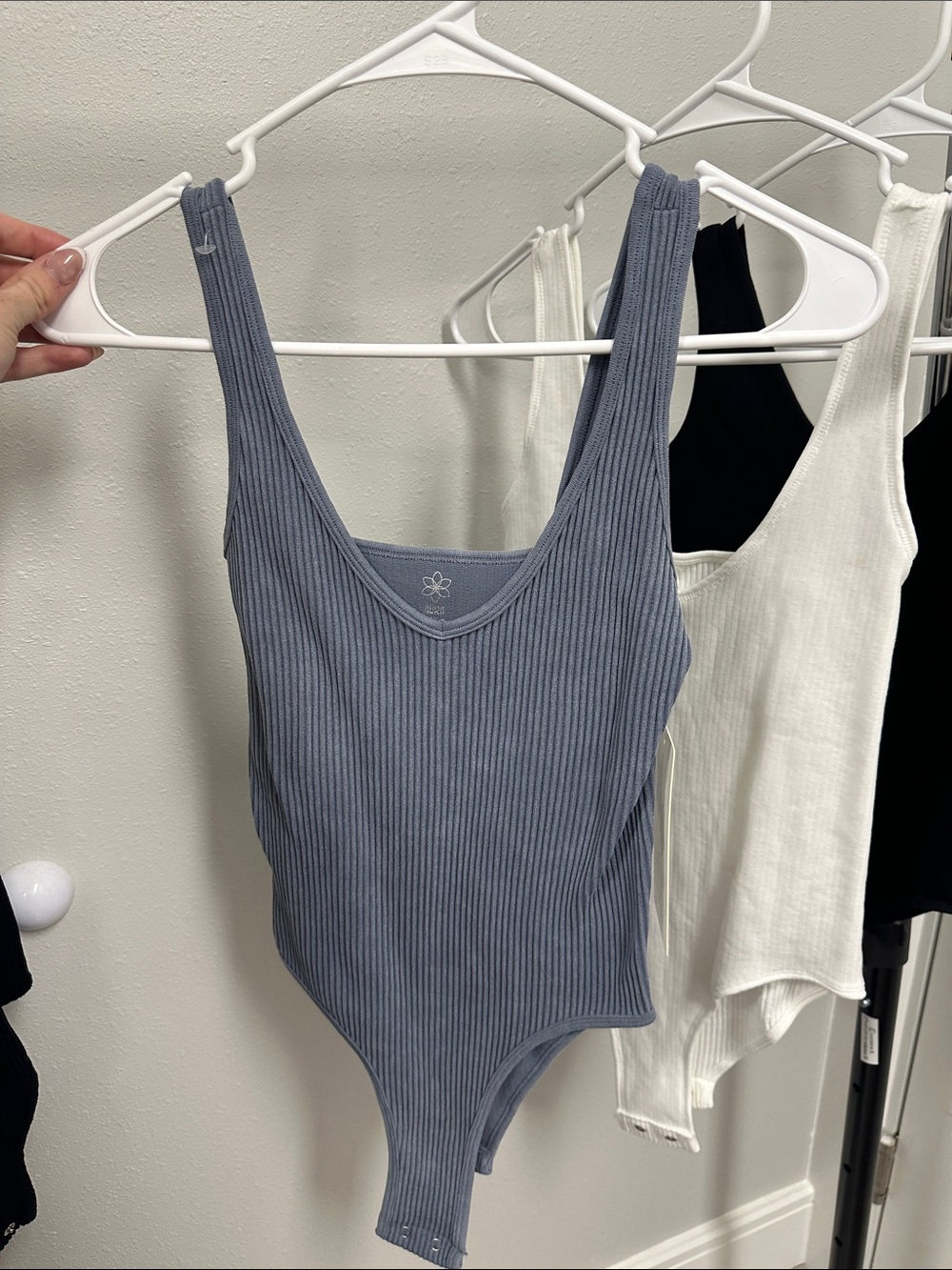 Bundle of 4 Ribbed Bodysuits Black White Blue Small / Medium Stretch Fit - Picture 4 of 9
